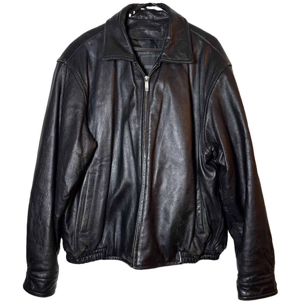 Vintage Y2K Excelled Mens XL Black Genuine Leather Bomber Jacket Quilted Lined
